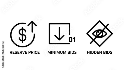 Auction icons depicting reserve price minimum bids hidden bids with dollar sign crossed out commerce business investment participant platform transaction purchase valuation estimation