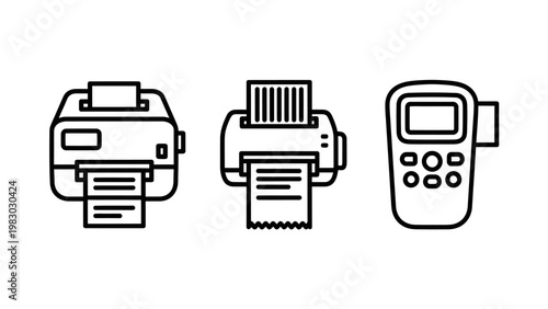 Line art icons of printing devices: a receipt printer a label printer a card reader machine cash register point of sale printing terminal technology equipment business commerce hardware