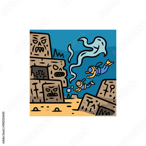 Scuba divers exploring sunken ancient ruins with mysterious ghostly spirits underwater in a vibrant cartoon style illustration with detailed stone blocks and blue water