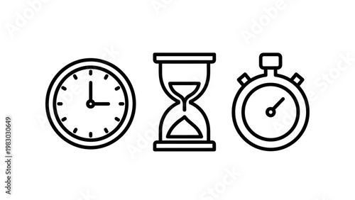 Time measurement icons: clock hourglass stopwatch with line art white background flat design hourglass sandglass stopwatch measurement duration schedule deadline progress illustration