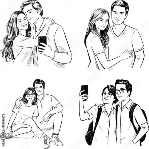 Hand drawn vector illustration set of young couples taking selfies, hugging, and posing together for romantic photos
