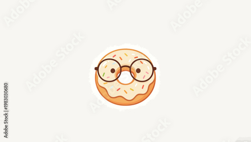 Cute anthropomorphic glazed donut with round eyeglasses, minimalist flat vector cartoon illustration on plain off-white background