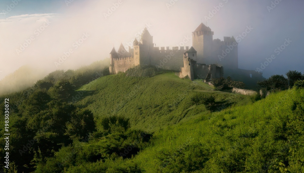 Obraz premium Majestic Castle Perched on Hilltop Amidst Misty Landscape.