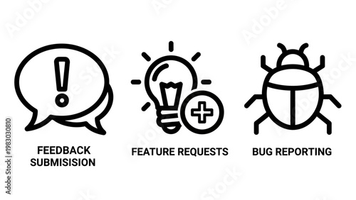 User feedback feature requests bug reporting icons representing software development and customer support with speech bubble exclamation mark line art feedback requests reporting submission