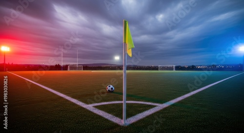 A soccer ball placed at the corner flag of a sports field under dramatic red and blue lighting.