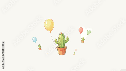 Whimsical Watercolor Illustration of Floating Flying Potted Cacti Tethered to Pastel Balloons on a Soft Cream Neutral Background