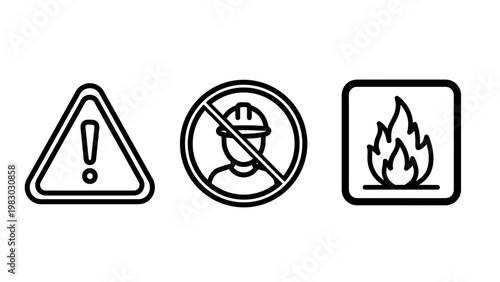 Warning no hard hat area fire hazard icons representing workplace safety signs and important precautionary information no entry personal protective equipment precaution protection forbidden