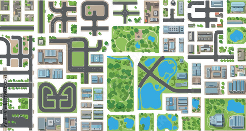 Urban city map constructor kit, flat vector city elements with roads and buildings, modular town planning set with green parks and blue lakes