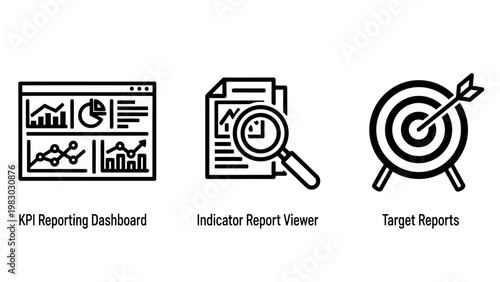 Business kpi reporting dashboard indicator report viewer target reports line art icons for data analysis and performance management magnifying glass reporting dashboard indicator analysis