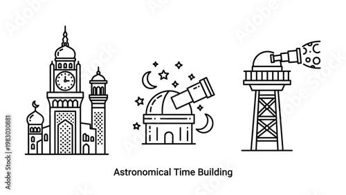 Astronomical time buildings and observatories with telescopes line art icons set for stargazing timekeeping celestial observation astronomical building observatory telescope stargazing celestial