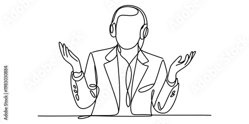Minimalist continuous line drawing of a person wearing headphones while gesturing with both hands Vector, illustration