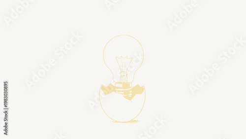 Surreal Conceptual Illustration of a Glowing Light Bulb Emerging From a Cracked Broken Eggshell on a Plain Off-White Background, Symbolizing New Ideas and Creative Birth