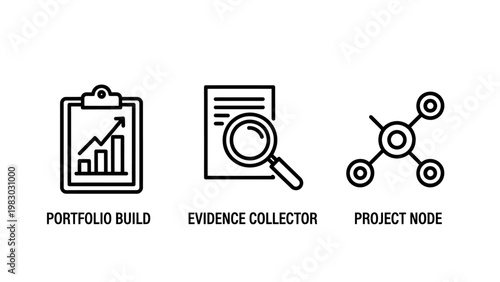 Business process icons: portfolio build evidence collector project node concepts for strategy and analysis line art white background magnifying glass portfolio evidence collector business
