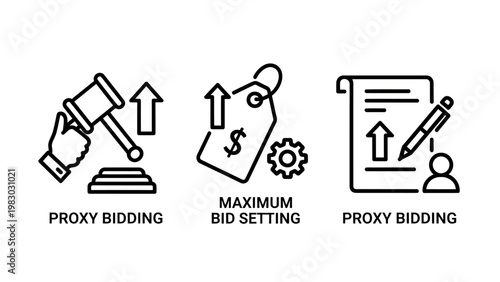 Proxy bidding and maximum bid setting icons for auction strategies and online price management with price tag white background commerce document increase strategy automation competition