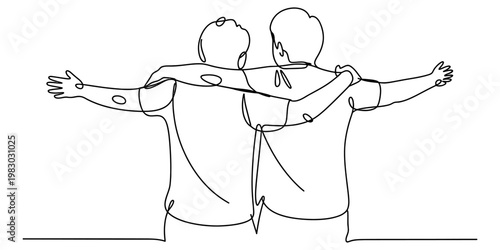 A single line drawing illustration of two male friends standing together with arms wide open. Vector, illustration