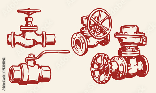 Industrial Valve Set Pipe Valve Collection Mechanical Equipment Hand Drawn Line Art Vector Illustration Design.