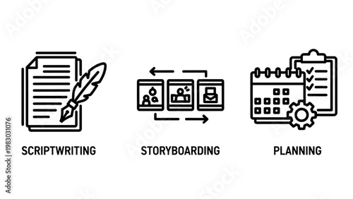 Creative production process icons detailing scriptwriting storyboarding project planning stages pre production post production scriptwriting storyboarding planning creative production