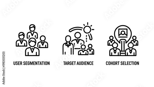 Outline icons illustrating user segmentation target audience cohort selection concepts market research customer group line art user base demographic audience selection pictogram