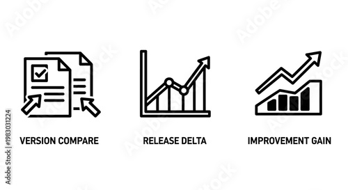 Outline icons illustrating version comparison release delta improvement gain concepts for data analysis line art version compare documents comparison progress pictogram statistics