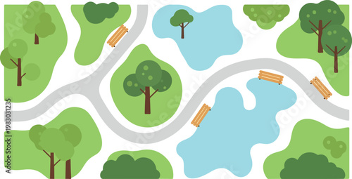 Flat vector city park map, aerial top view of public garden with green trees and blue ponds, landscape design with walking paths and benches