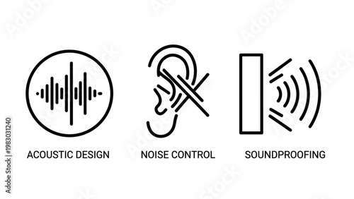 Acoustic design noise control soundproofing icons for audio and environmental management with acoustic soundproofing attenuation insulation engineering environmental management illustration