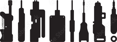 Collection of black silhouettes of industrial tools and mechanical parts on white background isolated on transparent background, Vector, illustration