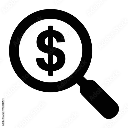Vector of a magnifying glass with a dollar sign inside, symbolizing financial investigation and search.