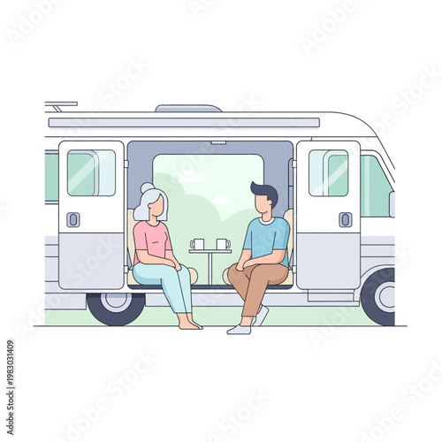 Couple enjoying leisure time inside a camper van.