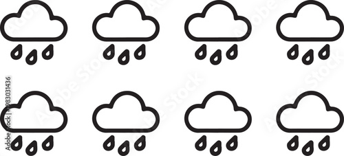 Simple black outline icons of clouds with falling raindrops representing rainy weather conditions. isolated on transparent background, Vector, illustration