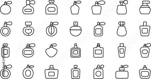 Collection of various perfume bottle icons in a simple linear sketch style for design. isolated on transparent background, Vector, illustration