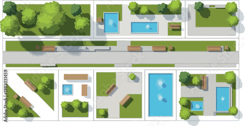 Top view park landscape vector elements, aerial garden map with green trees and blue pools, urban public square architectural site plan