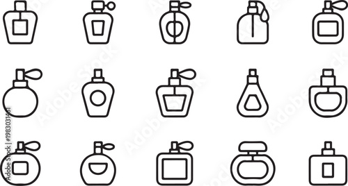 Collection of fifteen minimalist perfume bottle line icons for beauty and cosmetic design projects. isolated on transparent background, Vector, illustration