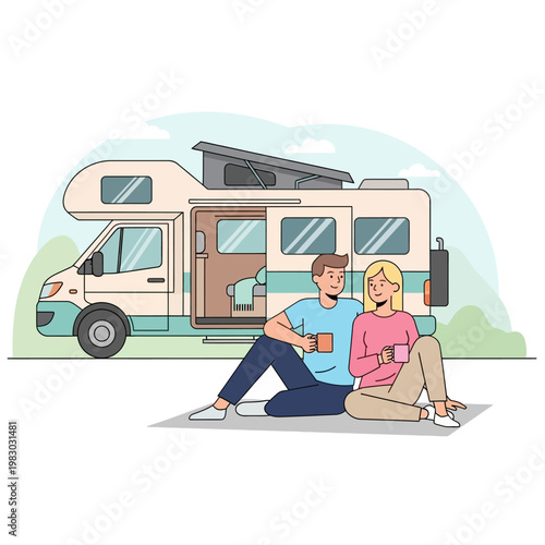 Couple Enjoying Coffee Outside Their RV.