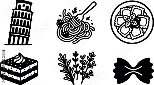 Black and white line art italian pasta dishes and leaning tower of pisa icons