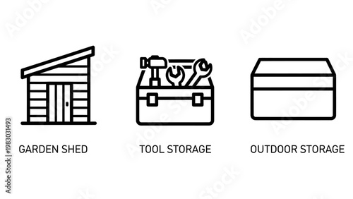Garden shed tool storage outdoor storage line icons set with organization maintenance equipment building property inventory container workshop renovation construction illustration security