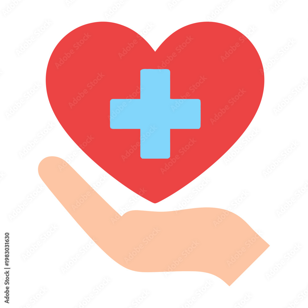 Obraz premium Vector graphic of a hand holding a red heart with a blue medical cross symbol, representing healthcare and wellness.