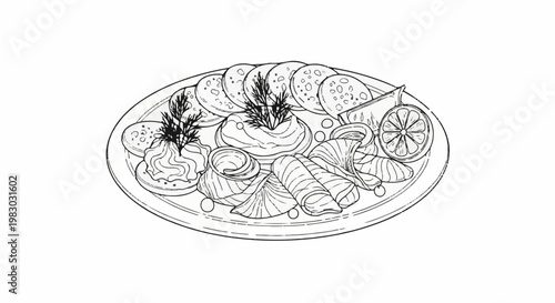 A platter of sliced fish, creamy dips, round crackers, and lemon