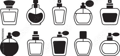 Set of black and white perfume bottle icons in various shapes and sizes on a white background isolated on transparent background, Vector, illustration