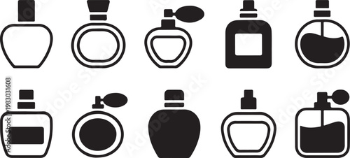 Collection of ten different perfume bottle silhouettes and icons for cosmetic design projects isolated on transparent background, Vector, illustration