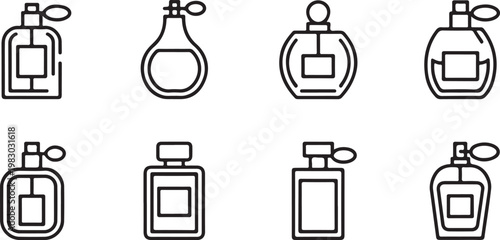 A collection of eight black and white perfume bottle icons with various shapes and atomizers. isolated on transparent background, Vector, illustration