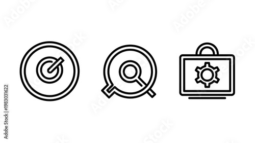 Digital technology icon collection including system status search tool and briefcase settings management with settings magnifying briefcase management technology interface configuration