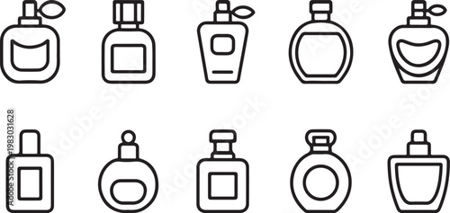 Set of ten vector line icons representing various styles and shapes of perfume bottles isolated on transparent background, Vector, illustration