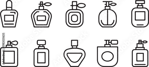 Collection of ten different perfume bottle line icons set on white background for beauty design isolated on transparent background, Vector, illustration