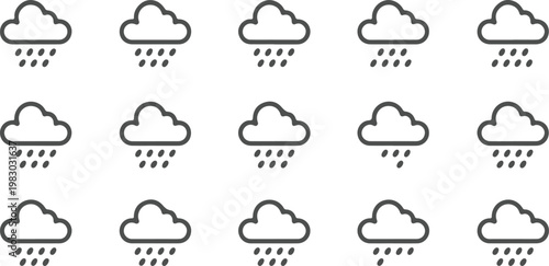 A grid pattern of identical gray cloud icons with raindrops falling from them on a white background isolated on transparent background, Vector, illustration