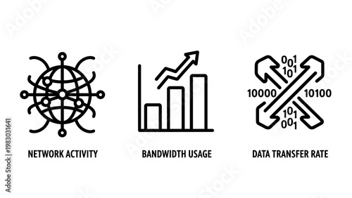 Set of three black line icons representing network activity bandwidth usage and data transfer rate metrics with activity bandwidth transfer technology internet connectivity connection isolated