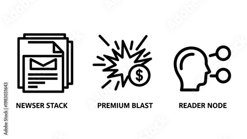 Business concept line icons featuring news stack premium blast with dollar symbol and reader node profile business currency explosion document newsletter information communication marketing