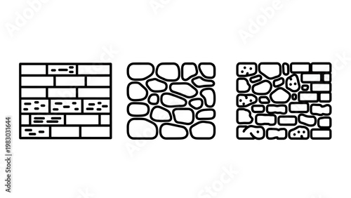 Graphic illustration of three different wall texture patterns including bricks cobblestones and irregular rocks with cobblestone construction architecture building material background exterior