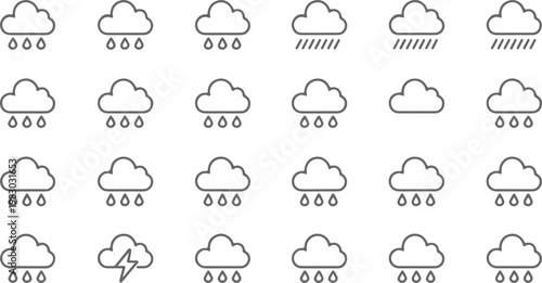 Weather Cloud Rain Drizzle Downpour Hail Storm Icon Set Outline Vector