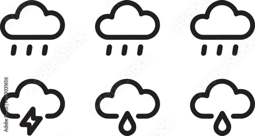 Cloud Rain Thunderstorm Lightning Weather Icon Set Minimal Line Vector
