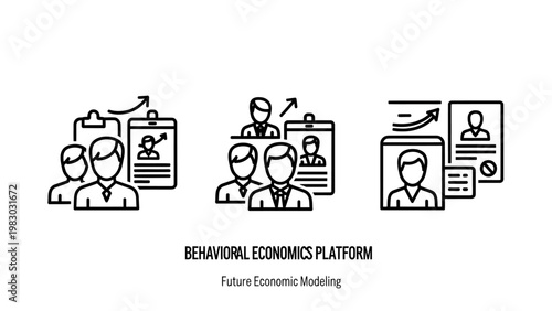 Detailed line icons for behavioral economics platform showing human profiles growth charts and id cards with business economics platform behavior identification analysis research psychology